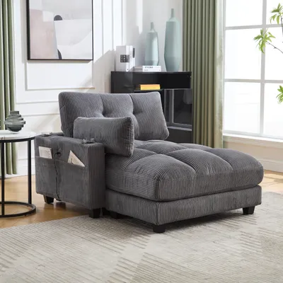 Image de MODFU Fauteuil Relax - Fauteuil Relax Moderne Gris avec Porte-Gobelets et Ports USB - Tissu Kordsamt Rembourré