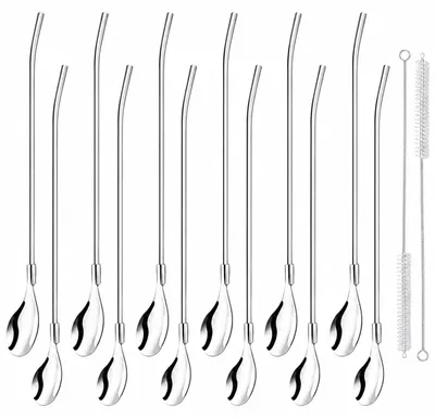 12er Set 2-in-1 Trinkhalm-Löffel, 22 cm, Edelstahl, wiederverwendbar