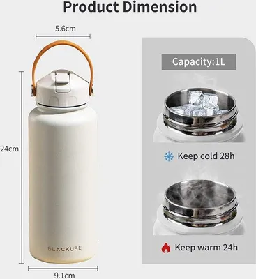 Produktbild von Famanu Trinkflasche Edelstahl mit Strohhalm - 1000 ml, weiß