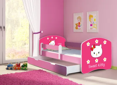 A child's bedroom with a pink Hello Kitty themed bed and a trundle.