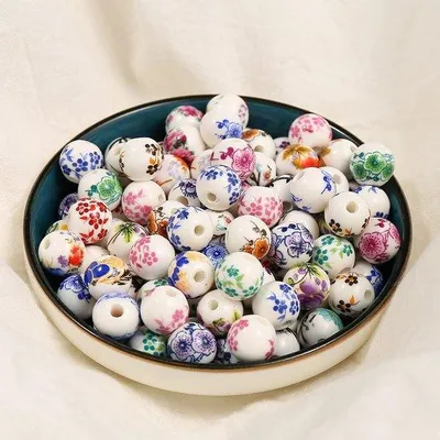 Image de Perles florales en céramique multicolores de 10 mm pour colliers