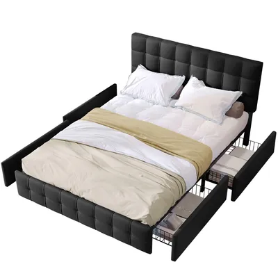 Produktbild von Polsterbett mit Lattenrost und Schubladen, 140x200 cm, Doppelbett, Bezug aus Leinen, höhenverstellbarer Kopfteil