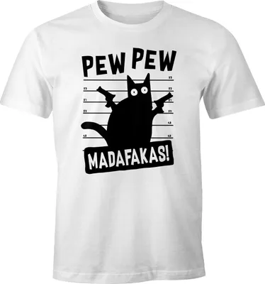 Produktbild von Herren T-Shirt Pew Pew Madafakas! Lustige Katze Crazy Cat Pistole Fun-Shirt Spruch lustig Moonworks® weiß S
