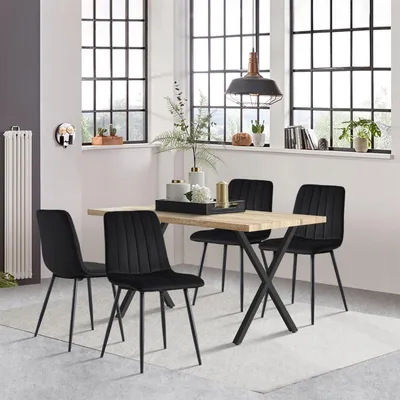 Produktbild von Essgruppe Esstisch 140x80cm mit 4 Stühlen, Rechteckiger Holztisch mit X-Metallbeinen, 4 Samtstühle Schwarz für Küche Esszimmer