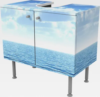 Produktbild von Waschbeckenunterschrank 2 Türen Natur höhenverstellbar mit Füßen - 60er Breite - Meerblick Modern Unterschrank blau Bad Gäste WC Möbel mit Motiv 1800