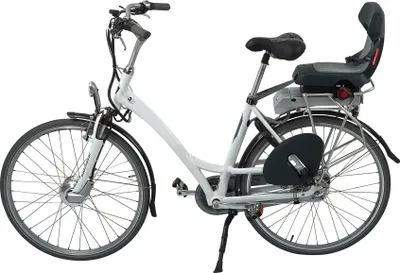 A white electric bicycle with a child seat mounted on the rear rack, shown against a white background.