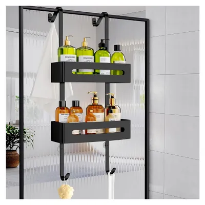 Produktbild von Hängende Duschablage, Duschregal ohne Bohren aus Edelstahl, Badezimmer Organizer für Shampoo mit 4 Haken und zwei Körben (Schwarz)