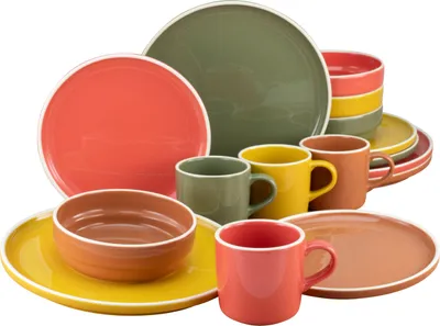 A collection of colorful ceramic dishes and mugs are arranged on a white background.