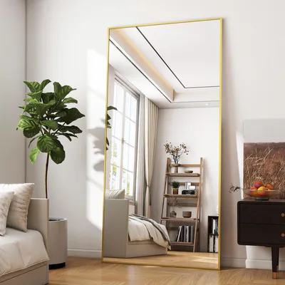 Produktbild von Koonmi Ganzkörperspiegel 171 x 76 cm Gold, Aluminiumrahmen mit Ständer, mit Ständer, zum Anlehnen oder Aufhängen, Aluminiumrahmen, Sicherheitsglas