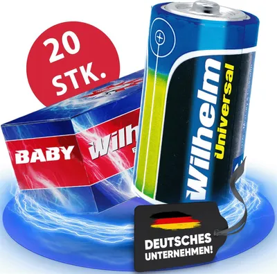 A product shot of batteries with packaging and marketing elements.