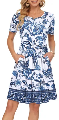 Imagen del producto de Vestido midi casual con mangas cortas y bolsillos, estampado floral azul