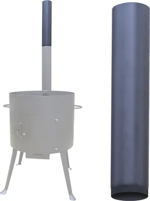 A product shot of a stove extension pipe next to a stove.