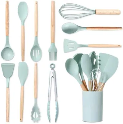 Produktbild von PolkaHome® 12-teiliges Küchenutensilien-Set aus Silikon mit Holzgriffen, hitzebeständig, für alle Pfannen