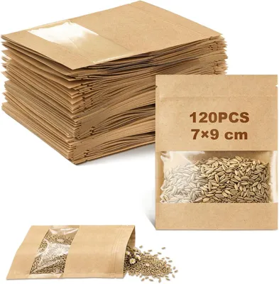Productafbeelding van 120 stuks zaadzakken, 7 x 9 cm, kraftpapieren zakjes met venster