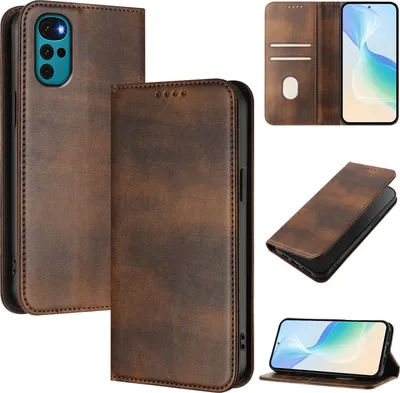 Produktbild von Handyhülle für Motorola Moto G22, Vintage Leder RFID Schutz Kartenfach Standfunktion Magnetische Klapphülle Braun