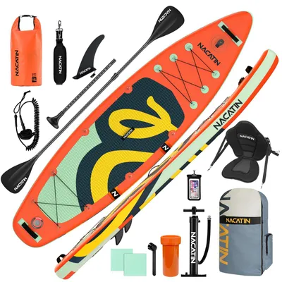 Produktbild von NACATIN Aufblasbares SUP Board 10'6" mit Kajaksitz, Zubehör, Paddel, Pumpe, 10L Tasche & Leine, Leuchtorange
