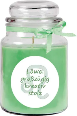 Produktbild von HS Candle "Sternzeichen" Duftkerze Kokos im Bonbonglas ( Löwe ) - viele Motive zur Auswahl, 500g - Brenndauer bis zu 110 Std - Leo