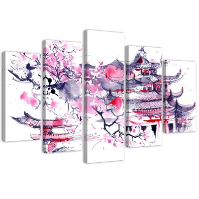 Produktbild von 5-teiliges leinwandbild japanische landschaft 100x70 cm Feeby lila wandbild bereit zum aufhängen