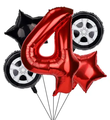 5 Rennwagen-Ballons, Geburtstagsdeko, rot-schwarz, 96 cm