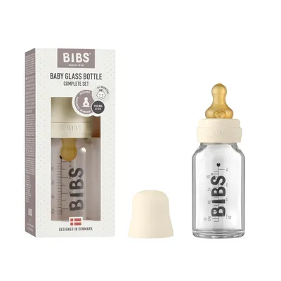 Produktbild von BIBS Baby Glass Bottle 110ml, Vermindert Koliken, Runder Sauger aus Naturkautschuklatex, Unterstützt das Stillen. Hergestellt in Dänemark, Complete Set - 110 ml, Ivory