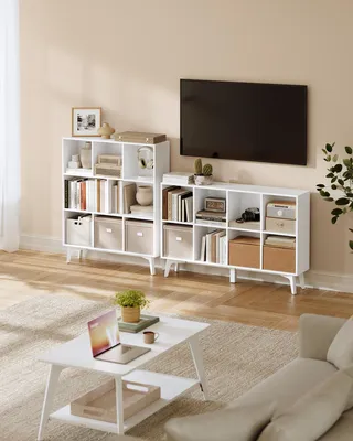Obrázek produktu pro VASAGLE Regál, stojací, s 8 policemi, design v stylu mid-century modern, rozměry 119,6 x 24 x 77 cm, bílá barva