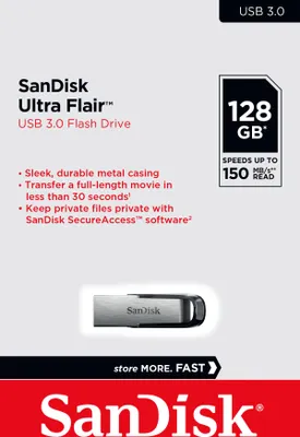Produktbild von SanDisk ULTRA FLAIR, 128 GB, USB Typ-A, 3.2 Gen 1 (3.1 Gen 1), 150 MB/s, Ohne Deckel, Schwarz, Silber