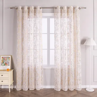 Produktbild von Joyswahl Vorhang mit Ösen Voile Gardinen mit glänzendem Zweigdruck Transparent Ösenschal Schlafzimmer Wohnzimmer HxB 175x140 cm Gold 1 Stück