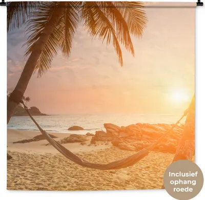 Produktbild von MuchoWow® Wandteppich Wandbehang Sommer - Sonnenuntergang - Hängematte 120x120 cm Tapisserie Dekoration Wandtuch - Modern - Baumwollgewebe
