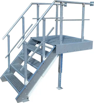 Immagine prodotto di 4 gradini + pianerottolo scala in acciaio con ringhiera bidirezionale Ringhiera / larghezza gradino 100 cm / altezza piano 70-105 cm