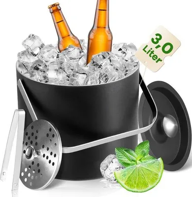 Productafbeelding van Unyqoos® ijsbak van roestvrij staal 304, 3 liter – dubbelwandig, vacuümgeïsoleerd, inclusief deksel, ijslepel en zeef, vaatwasmachinebestendig, geschikt voor wijn, mousserende wijn en bier