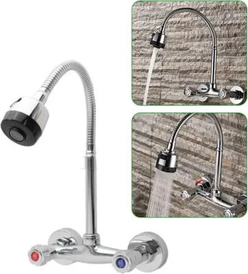 A collage of images showing a chrome faucet with a flexible neck and shower head, with water running in two of the images.