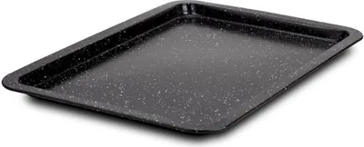 A baking tray with a speckled black and white granite coating.