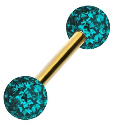 Produktbild von Zungenpiercing, Intim-Piercing Chirurgenstahl Barbell EPOXY-KUGELN Farbe: Gold + Kristall: Zirkonblau Stablänge: 14mm