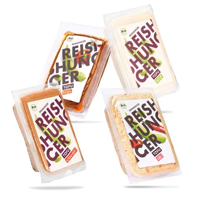 Produktbild von REISHUNGERTofu Probier Set (4x200 g) - 4 Sorten: Natur, Geräuchert, Rosso & Chili