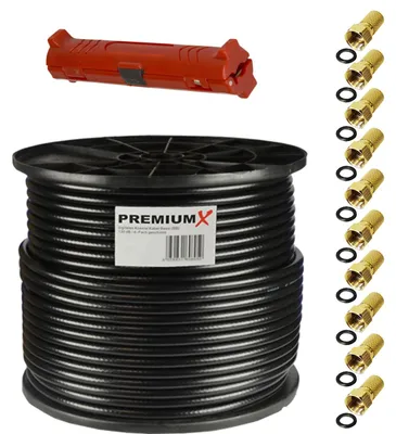 Produktbild von PremiumX 100m BASIC Koaxialkabel schwarz 135dB SAT Entmanteler 10x F-Stecker
