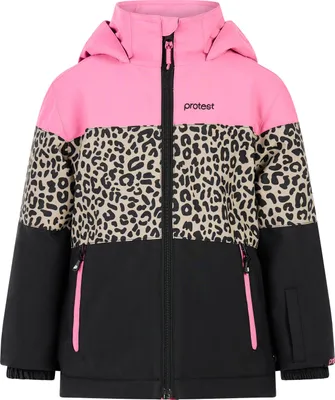 A girl's ski jacket with a pink top, leopard print middle, and black bottom.