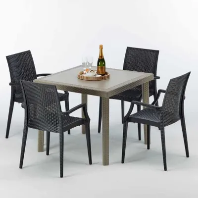 Produktbild von Polyrattan Tisch Quadratisch mit 4 Bunten Stühlen 90x90 Beige Elegance