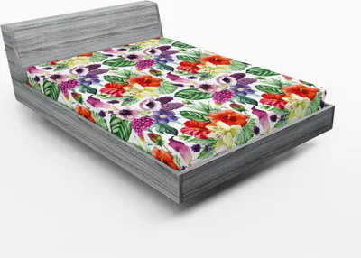 Produktbild von ABAKUHAUS Aquarell Spannbetttuch, Tropische Blumenmuster Verschiedene tropische Pflanzen Calla Chinese Hibiscus Anemone, 90 x 200 cm, Mehrfarbig