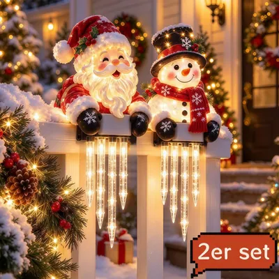 Produktbild von 2er-Set Weihnachts-Solar-Dekoleuchte, Weihnachtsmann & Schneemann, Eiszapfen-Licht, für Geländer & Balkon, Nacht-Automatik,wetterfest,Weihnachtsdeko