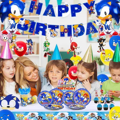 Produktbild von 10 Personen Geburtstagsdeko Set Sonic Ballons Banner Servietten Partygeschirr