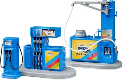 Produktbild von Bruder 62113 - Zubehör Tankstelle und Waschplatz - Zubehör, Zapfsäule, Waschanlage, Ladestation für E-Auto, Fahrzeuge