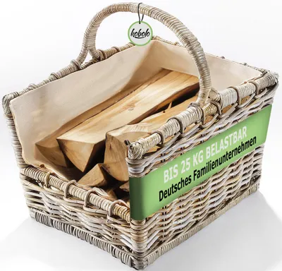 Produktbild von Lockardi Kaminholzkorb Holztrage Holzkorb für Kaminholz Rattan grau mit abnehmbarem Leinenstoff