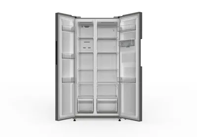 An open refrigerator with its doors pulled wide, revealing its interior compartments and shelves.