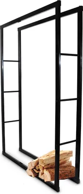 A black metal firewood rack with a small pile of firewood at its base, isolated on a white background.