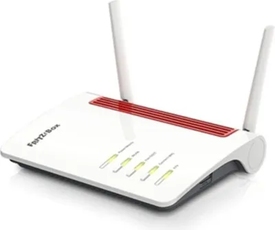 A white and gray FRITZ!Box router with two antennas and red accents on a white background.
