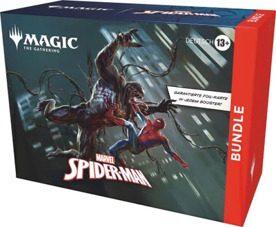 A Magic the Gathering Marvel's Spider-Man Bundle box featuring artwork of Spider-Man fighting Venom.