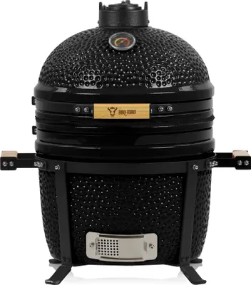A black ceramic kamado grill is shown against a white background.