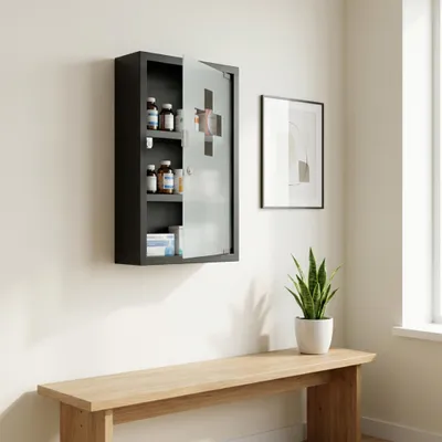 Image de Armoire médicale, armoire à médicaments, verrouillable, 2 compartiments, armoire de pharmacie pour usage domestique, produits pharmaceutiques, 30x12x50 cm, noire