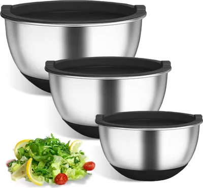 Produktbild von 3 Set Edelstahl Rührschüssel mit Deckel für Küche Spülmaschinenfest Stapelbar für Servieren Kochen Backen Aufbewahren