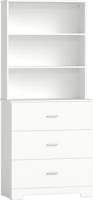 Produktbild von Bücherschrank Hochschrank Vitrinenschrank mit 3 Schubladen, 3 offen Regalen, für Wohnzimmer Küche, 79x39,5x180 cm, Weiß